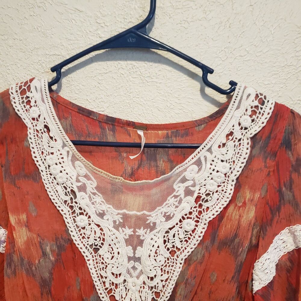 Free People Daydreamer Sheer Orange Boho white Lace Blouse Womens Medium - Picture 5 of 7